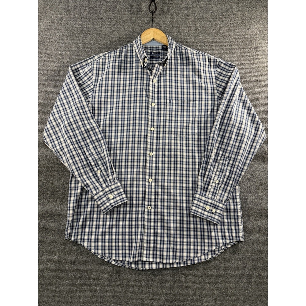 IZOD Button Up Shirt Mens Medium Blue Plaid Long Sleeve Non-Iron Stretch Cotton